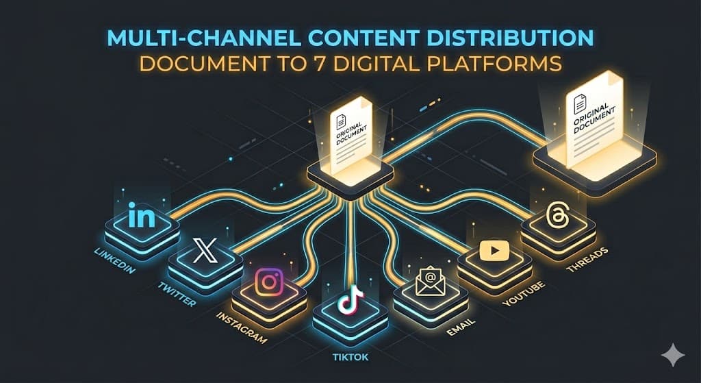One document connecting to 7 social media platforms: LinkedIn, Twitter, Instagram, TikTok, Email, YouTube, and Threads